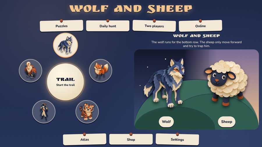 Main menu: pick a hunt, the Trail, puzzles and the daily hunt