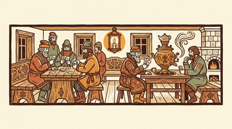 An old log house, a card game by candlelight