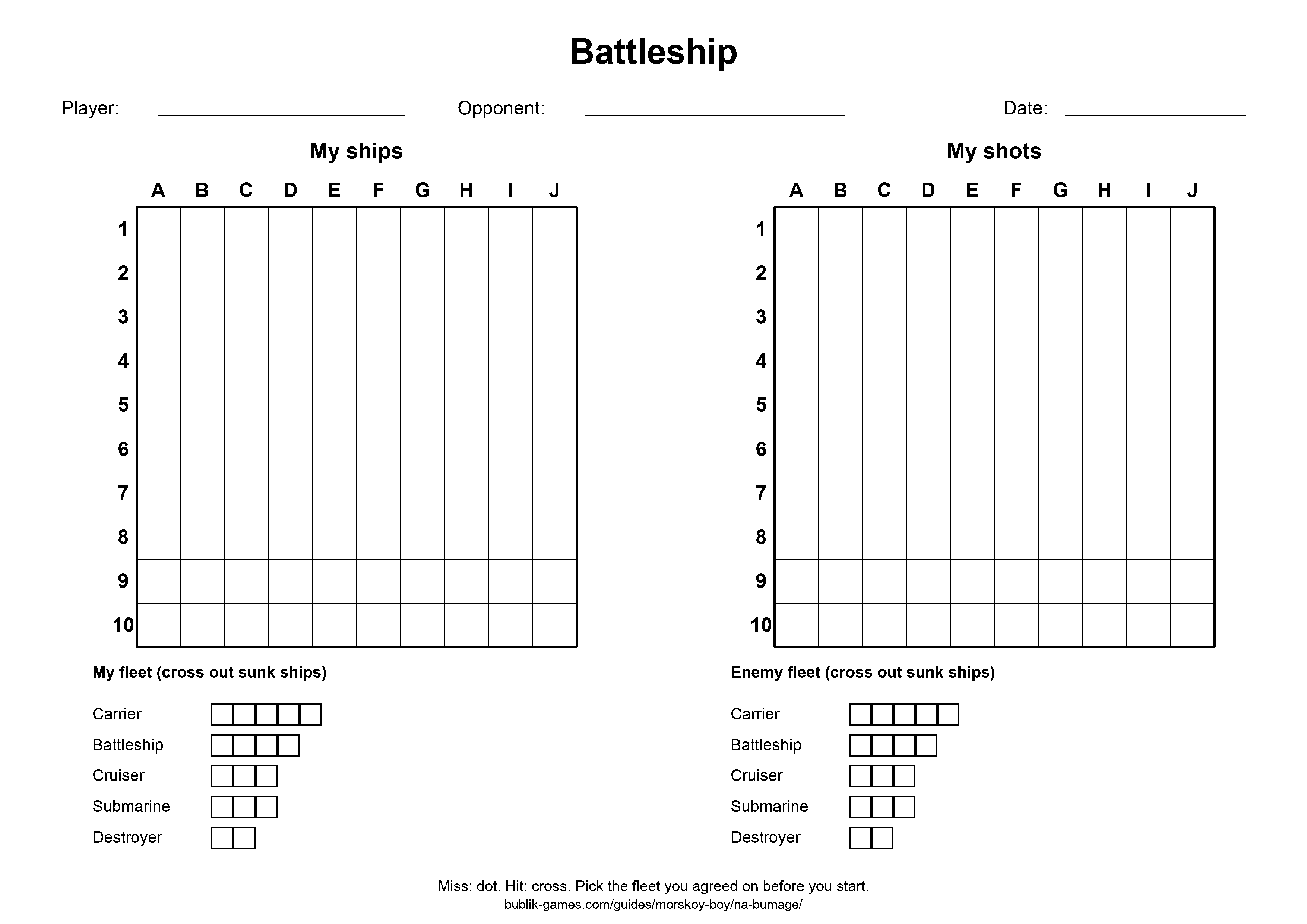 Printable Battleship sheet with two 10x10 grids
